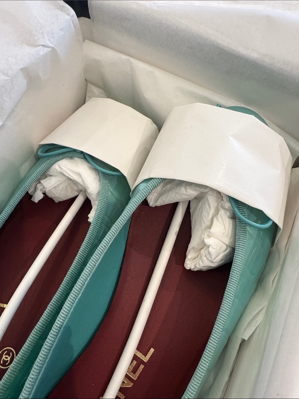 CHANEL Iridescent Aqua Ballet Flats with Bow NWT and Box